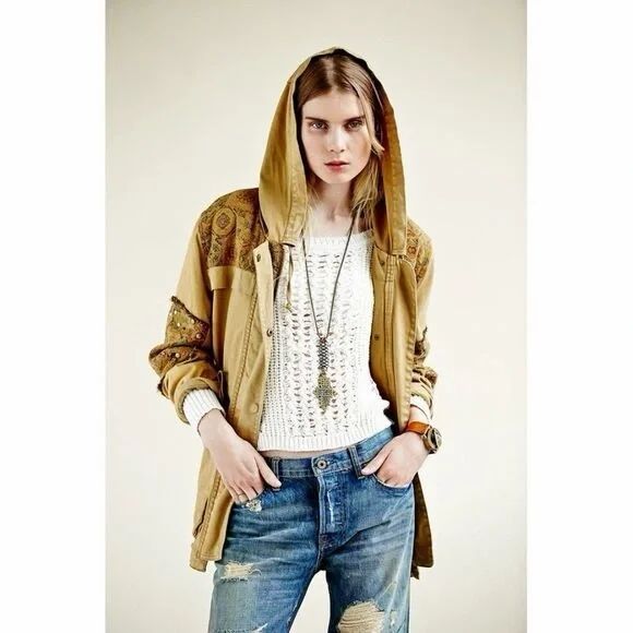 Free People Olive Patched Tapestry Drawstring Utility Jacket Size Large - Picture 4 of 16